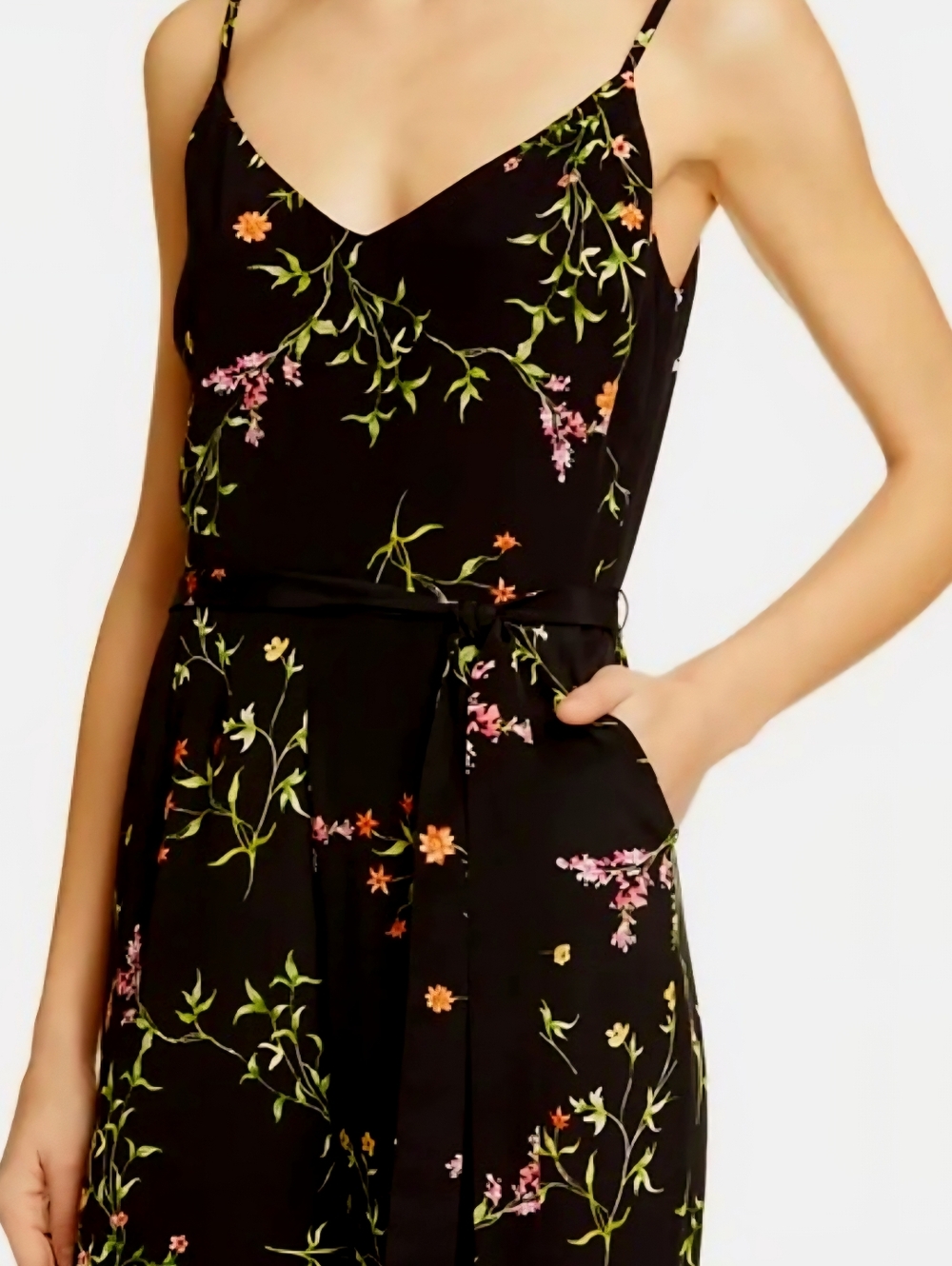L'agence Floral V-Neck Black Jumpsuit with Tie Waist Size 12